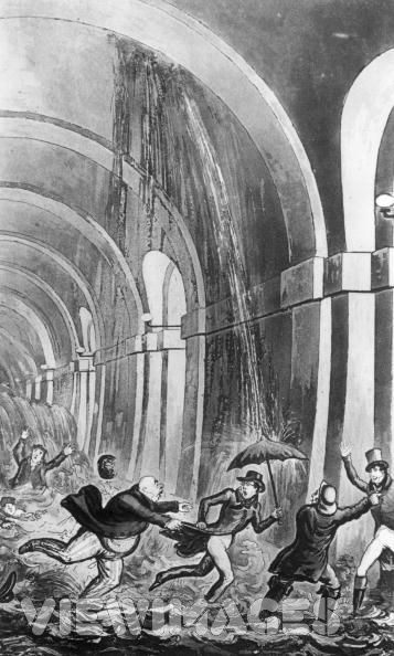 1837: Robert Cruikshank's cartoon of people panicking as the Thames Tunnel floods. (Photo by Hulton Archive/Getty Images)